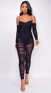 Felisa Black Mesh Ruched Jumpsuit